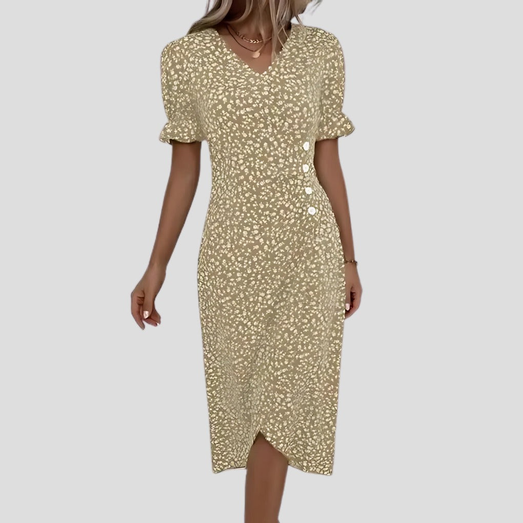 Women's Floral Midi Dress with V-Neck and Puff Sleeves