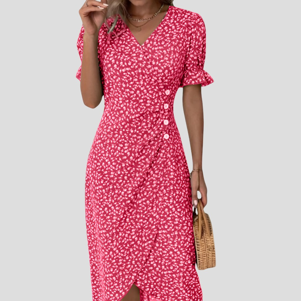 Women's Floral Midi Dress with V-Neck and Puff Sleeves