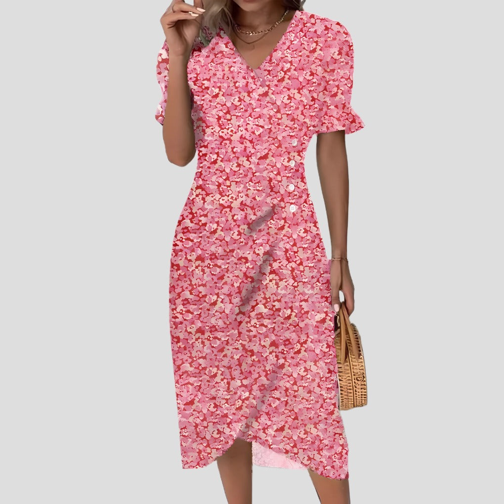 Women's Floral Midi Dress with V-Neck and Puff Sleeves