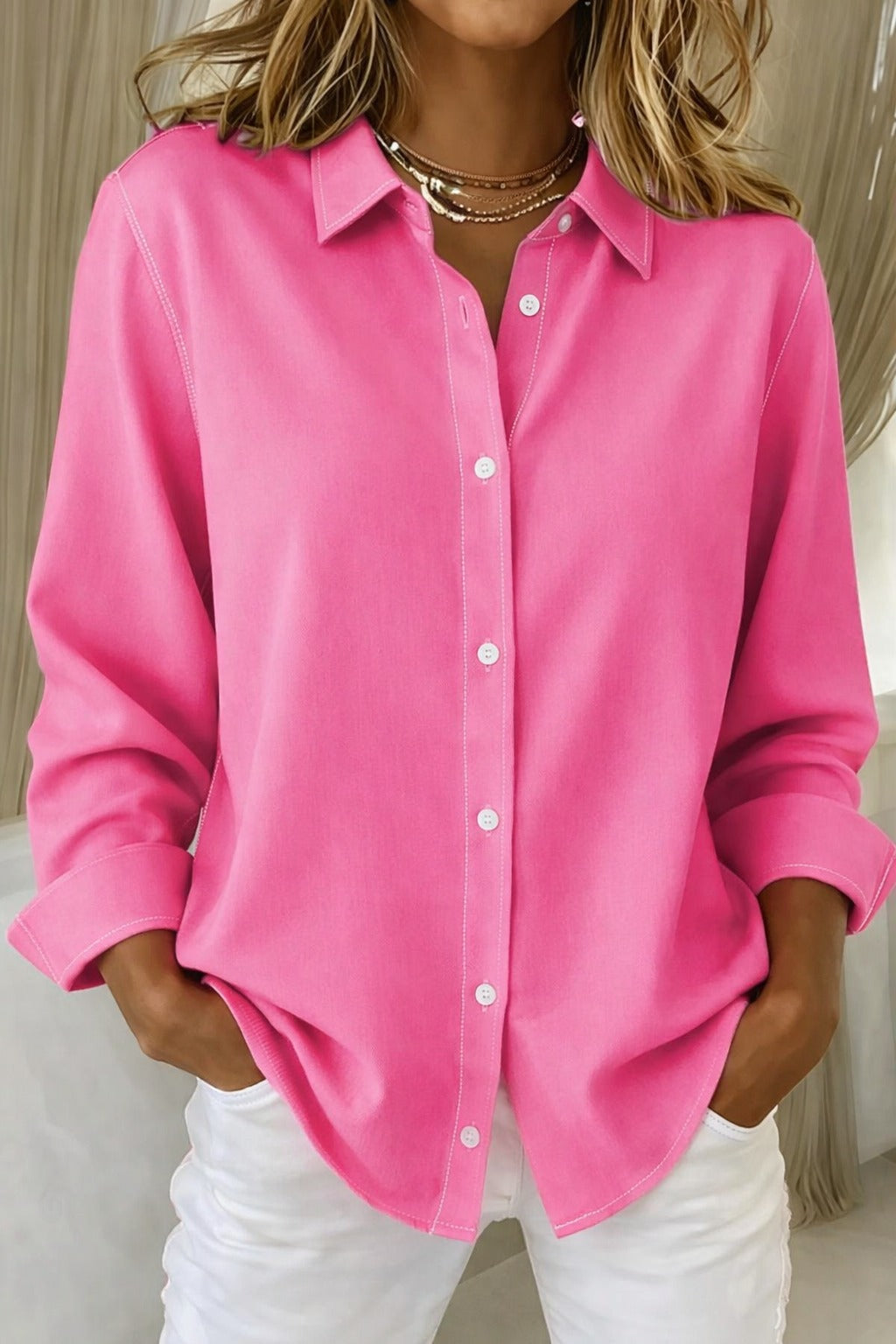 Women's Long-Sleeve Button-Up Blouse with Refined Collar
