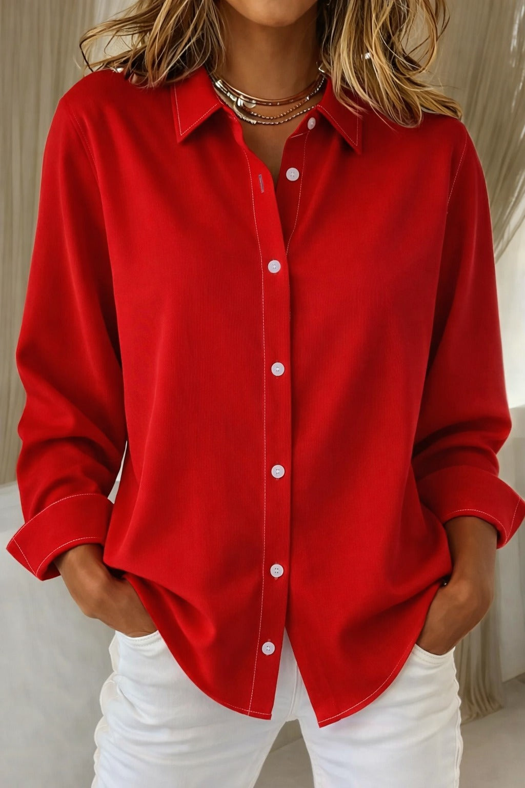 Women's Long-Sleeve Button-Up Blouse with Refined Collar