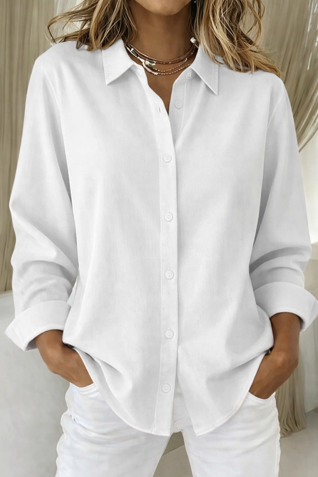 Women's Long-Sleeve Button-Up Blouse with Refined Collar