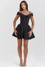 Black Corset Mini Dress with Off Shoulder Neckline