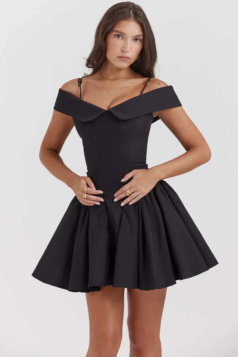 Black Corset Mini Dress with Off Shoulder Neckline