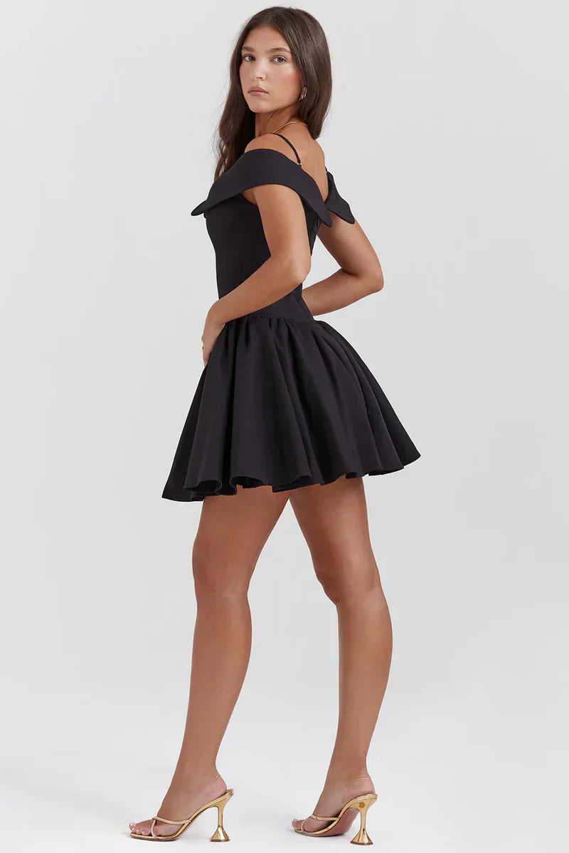 Black Corset Mini Dress with Off Shoulder Neckline