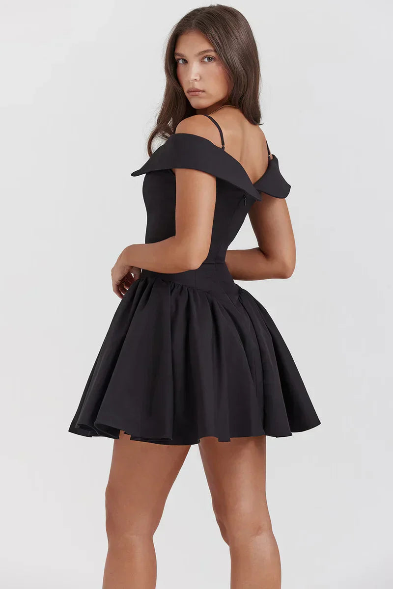 Black Corset Mini Dress with Off Shoulder Neckline