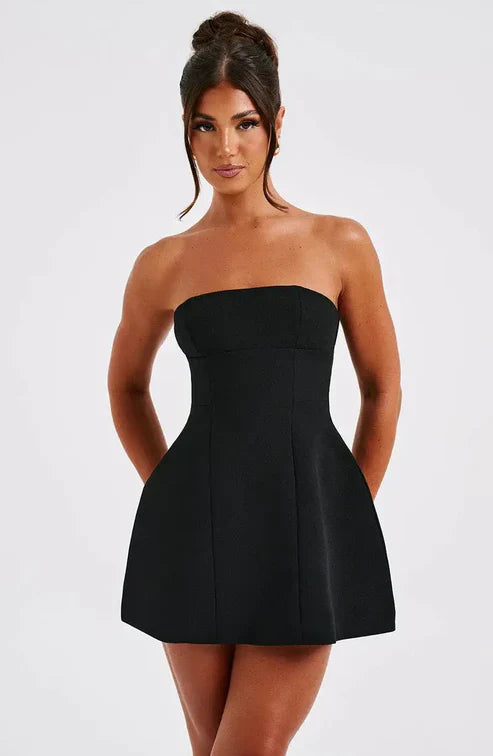 Strapless Bubble Hem Mini Dress in Black