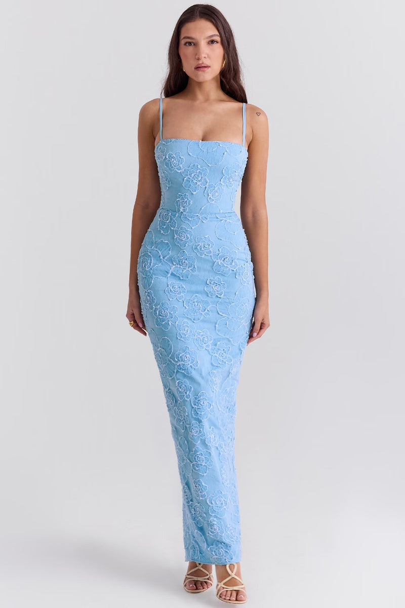 Blue Lace Maxi Dress with Adjustable Straps