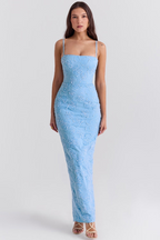 Blue Lace Maxi Dress with Adjustable Straps
