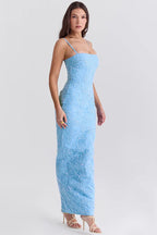 Blue Lace Maxi Dress with Adjustable Straps
