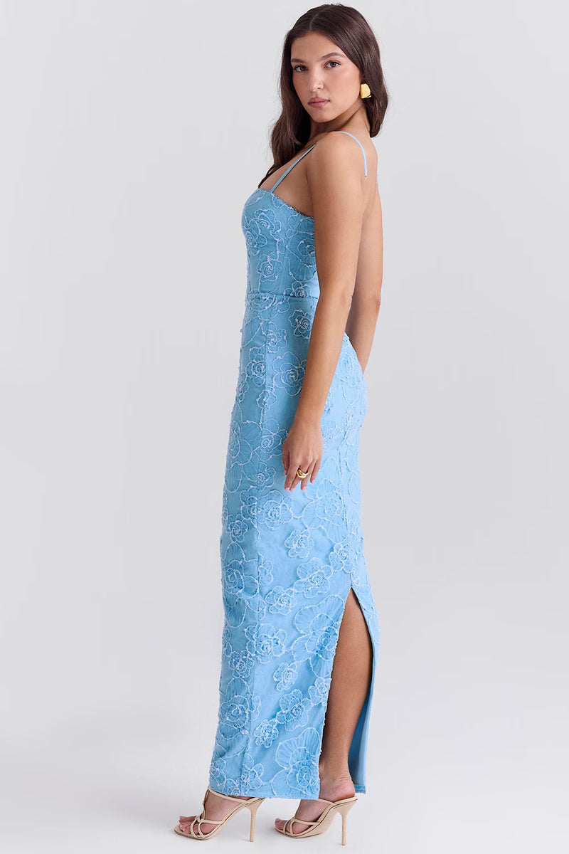 Blue Lace Maxi Dress with Adjustable Straps