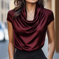 Women's Satin Blouse with Cowl Neck and Short Sleeves