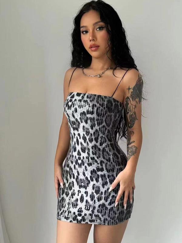 Grey Leopard Sequin Mini Dress