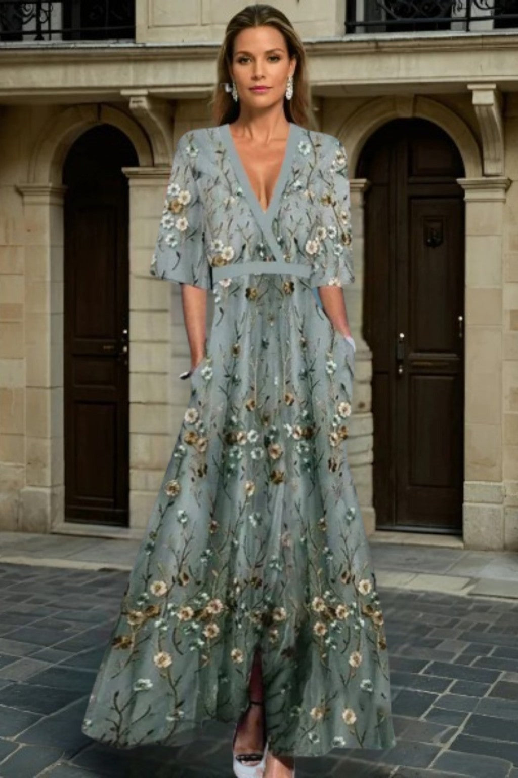 Women's Boho Maxi Dress with Embroidered V-Neck