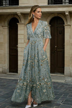 Women's Boho Maxi Dress with Embroidered V-Neck