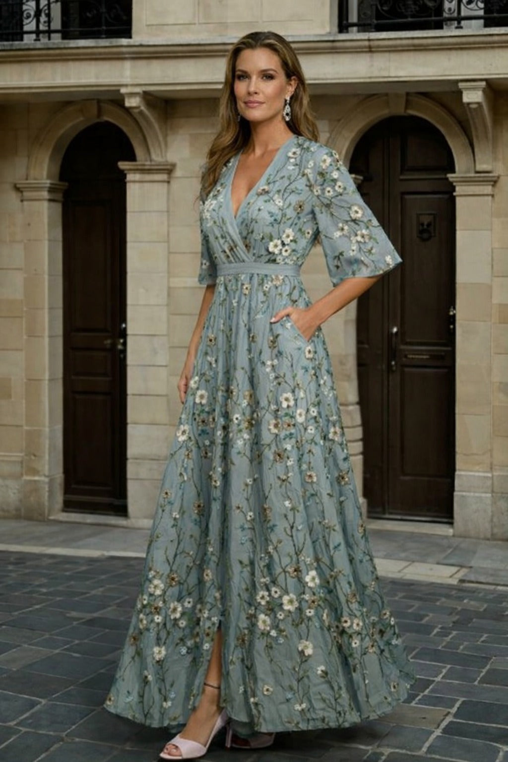 Women's Boho Maxi Dress with Embroidered V-Neck