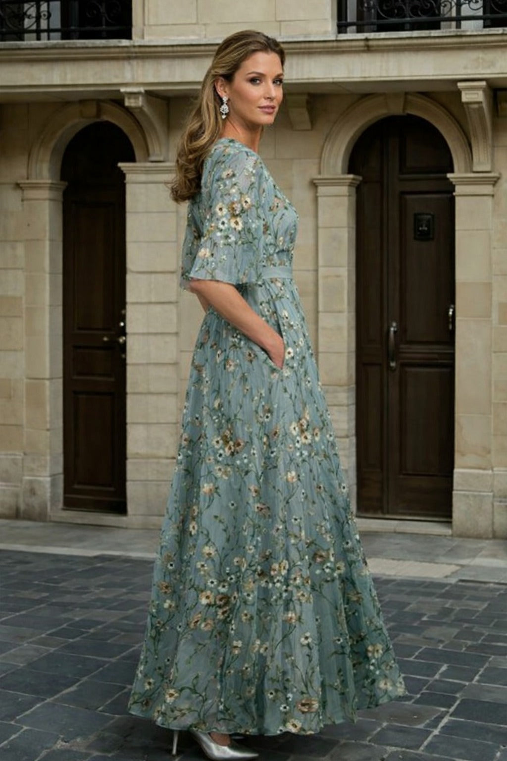Women's Boho Maxi Dress with Embroidered V-Neck