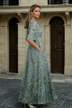 Women's Boho Maxi Dress with Embroidered V-Neck