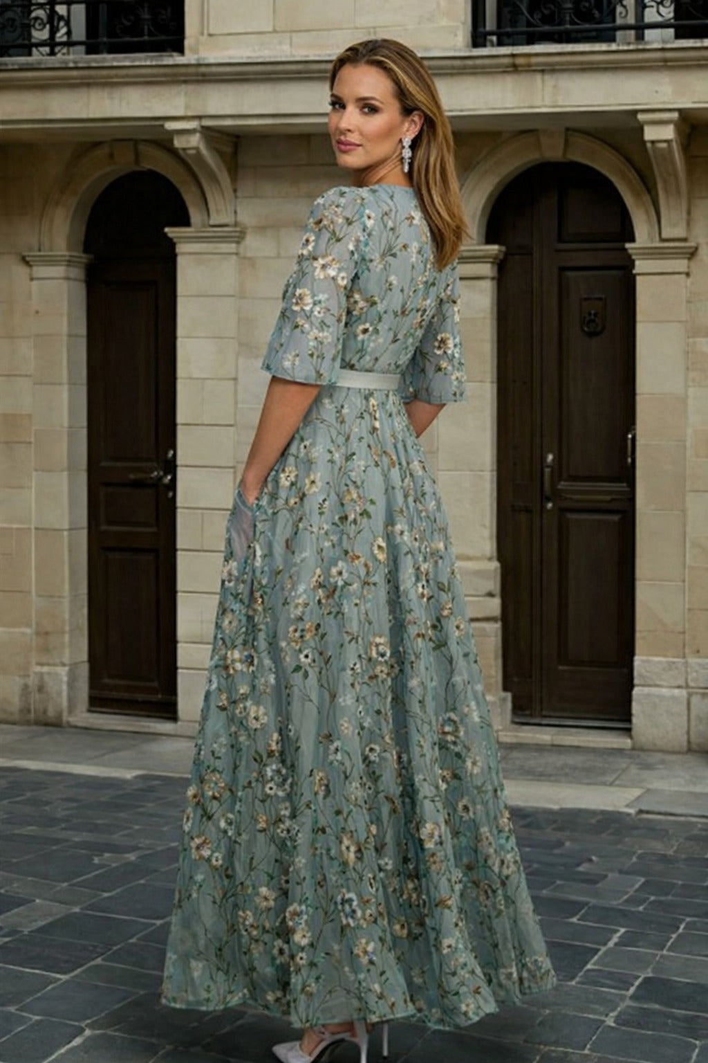 Women's Boho Maxi Dress with Embroidered V-Neck