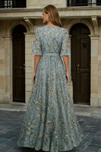 Women's Boho Maxi Dress with Embroidered V-Neck