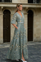 Women's Boho Maxi Dress with Embroidered V-Neck