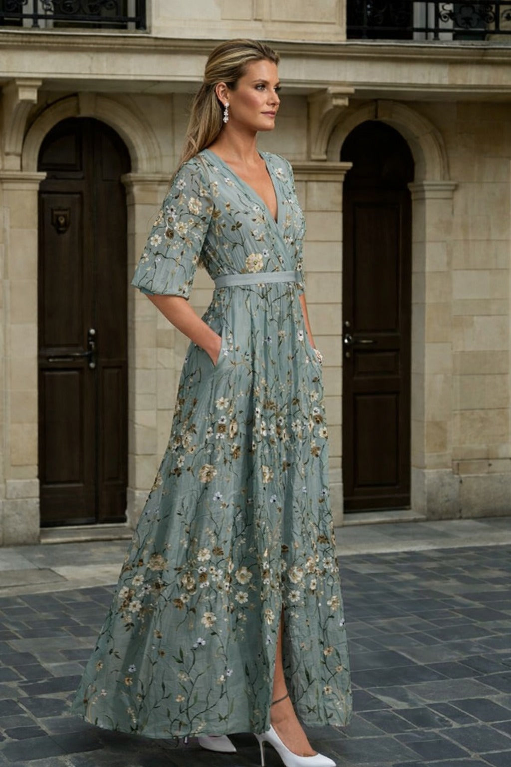 Women's Boho Maxi Dress with Embroidered V-Neck