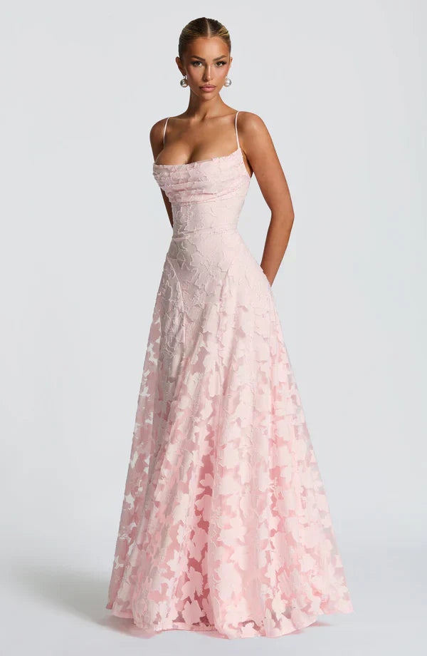 Pink Floral Burnout Maxi Dress with Open Back