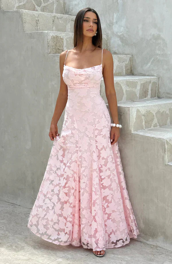 Pink Floral Burnout Maxi Dress with Open Back