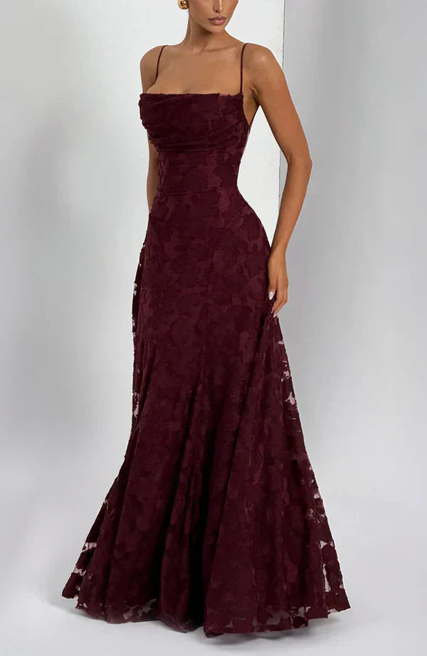 Rose Gold Floral Burnout Maxi Dress with Lace-Up Back