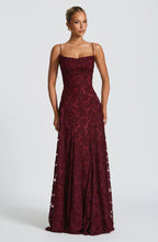 Rose Gold Floral Burnout Maxi Dress with Lace-Up Back