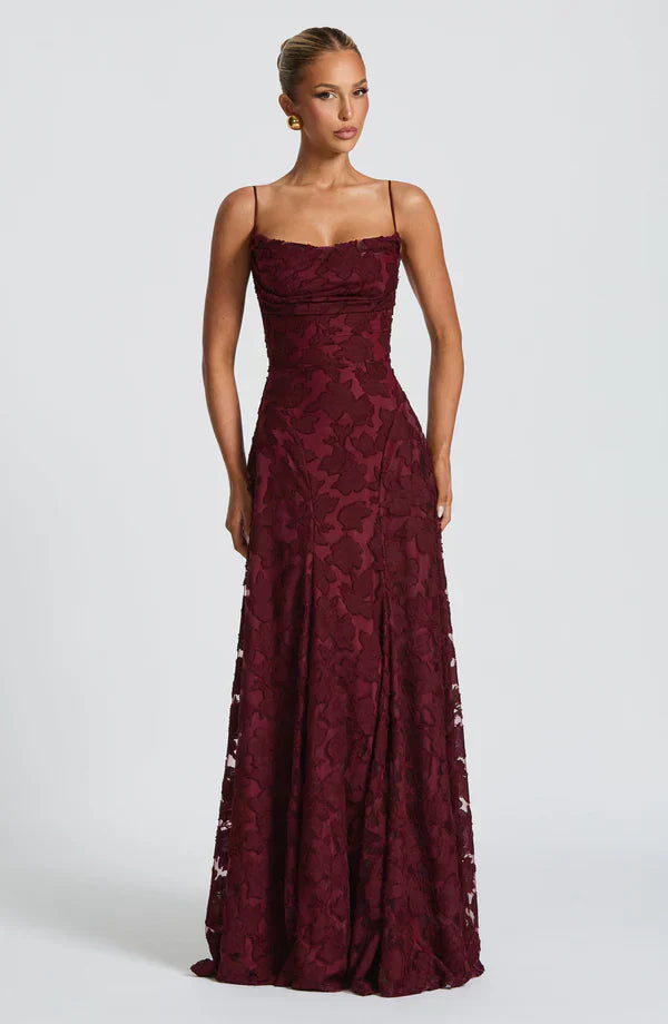 Rose Gold Floral Burnout Maxi Dress with Lace-Up Back