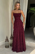 Rose Gold Floral Burnout Maxi Dress with Lace-Up Back