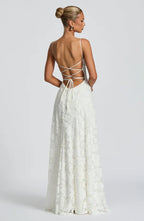 White Floral Burnout Maxi Dress with Lace-Up Back