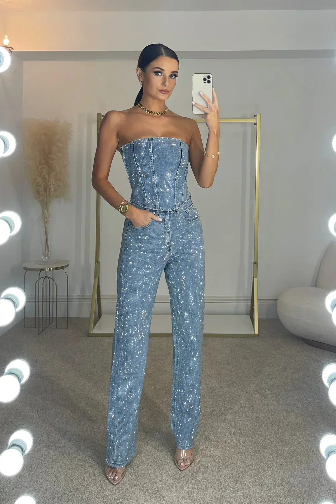 Women's Glitter Top and High-Waist Trouser Set