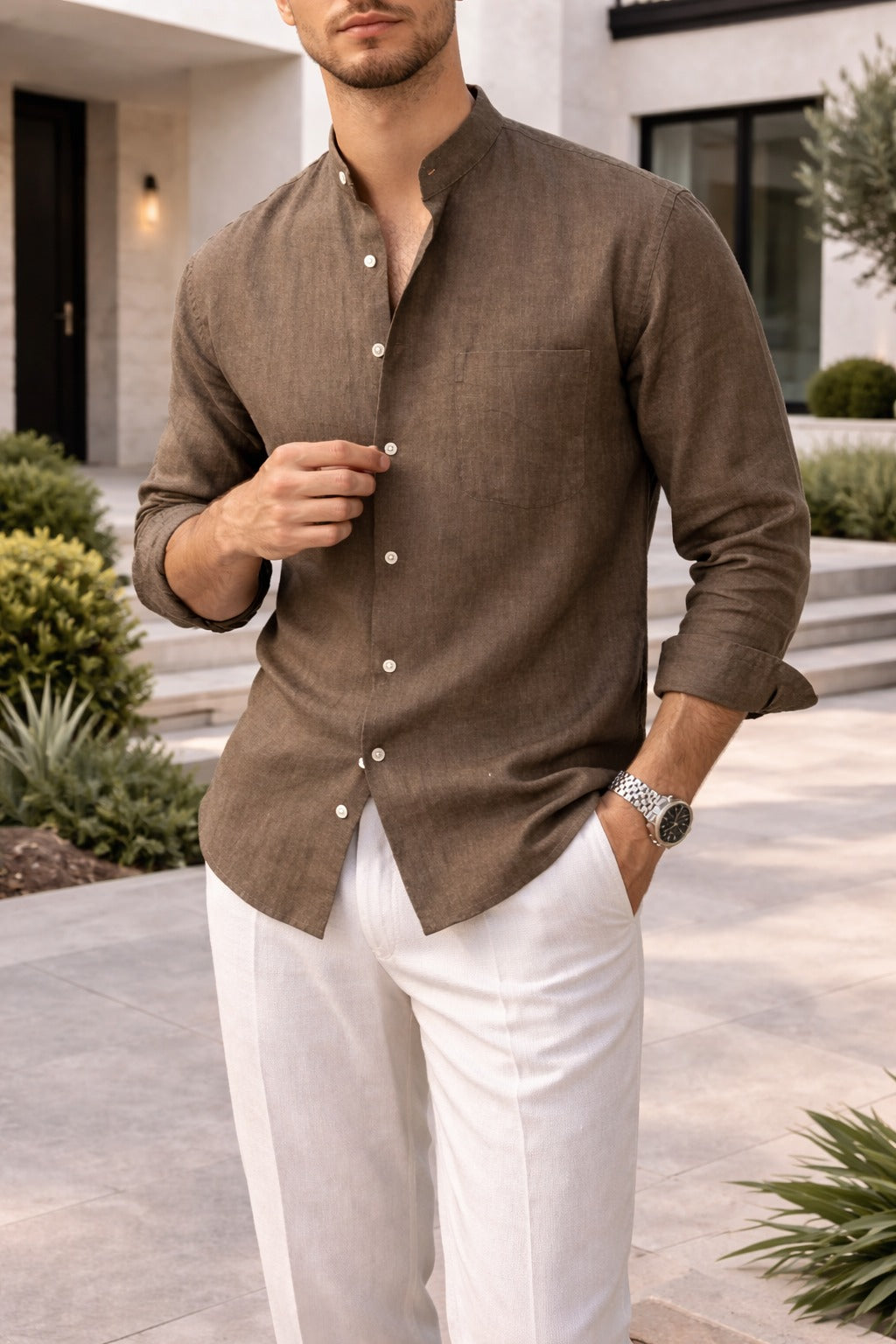 Men's Linen Blend Shirt with Grandad Collar