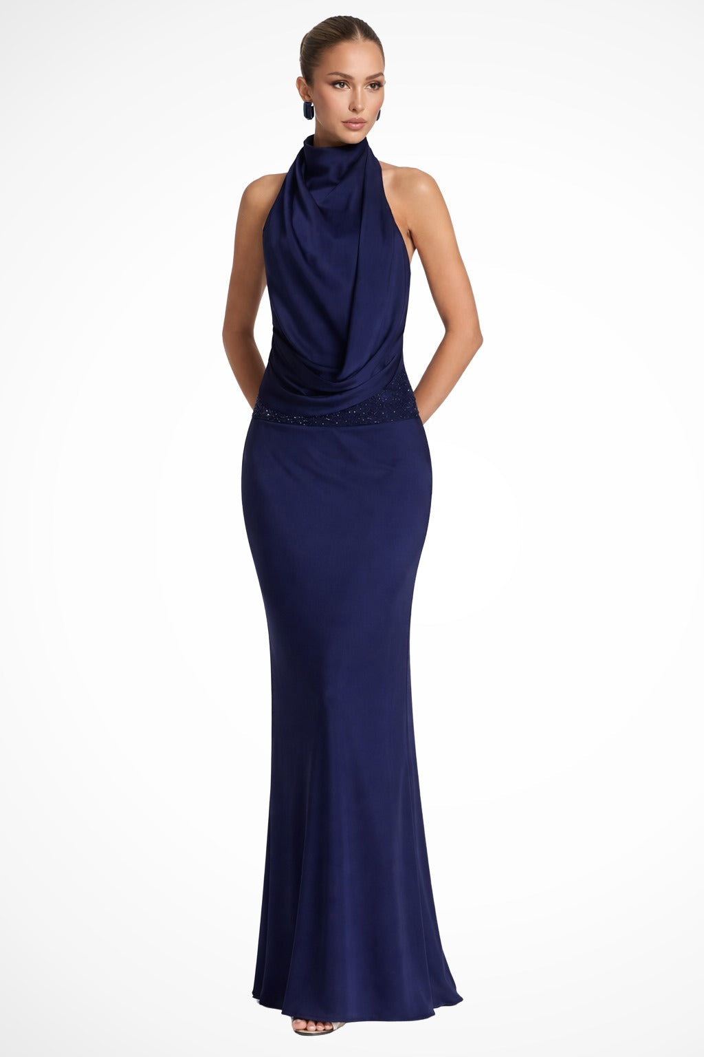 Women's Draped Satin Maxi Dress with Halter Neck