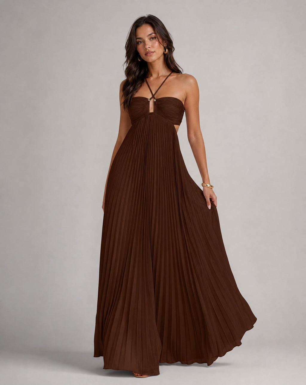 Women's Pleated Maxi Dress with Halter Neck