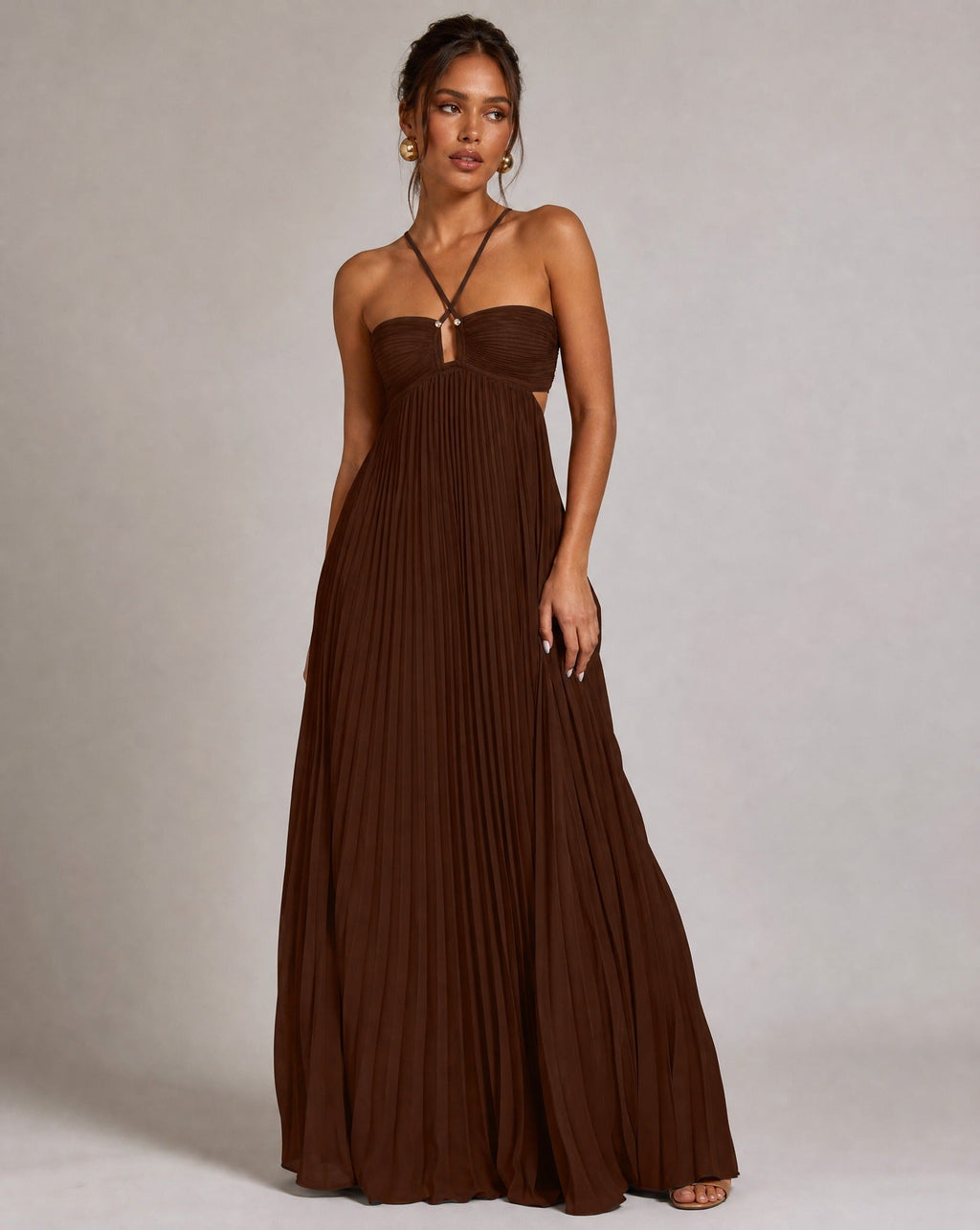 Women's Pleated Maxi Dress with Halter Neck