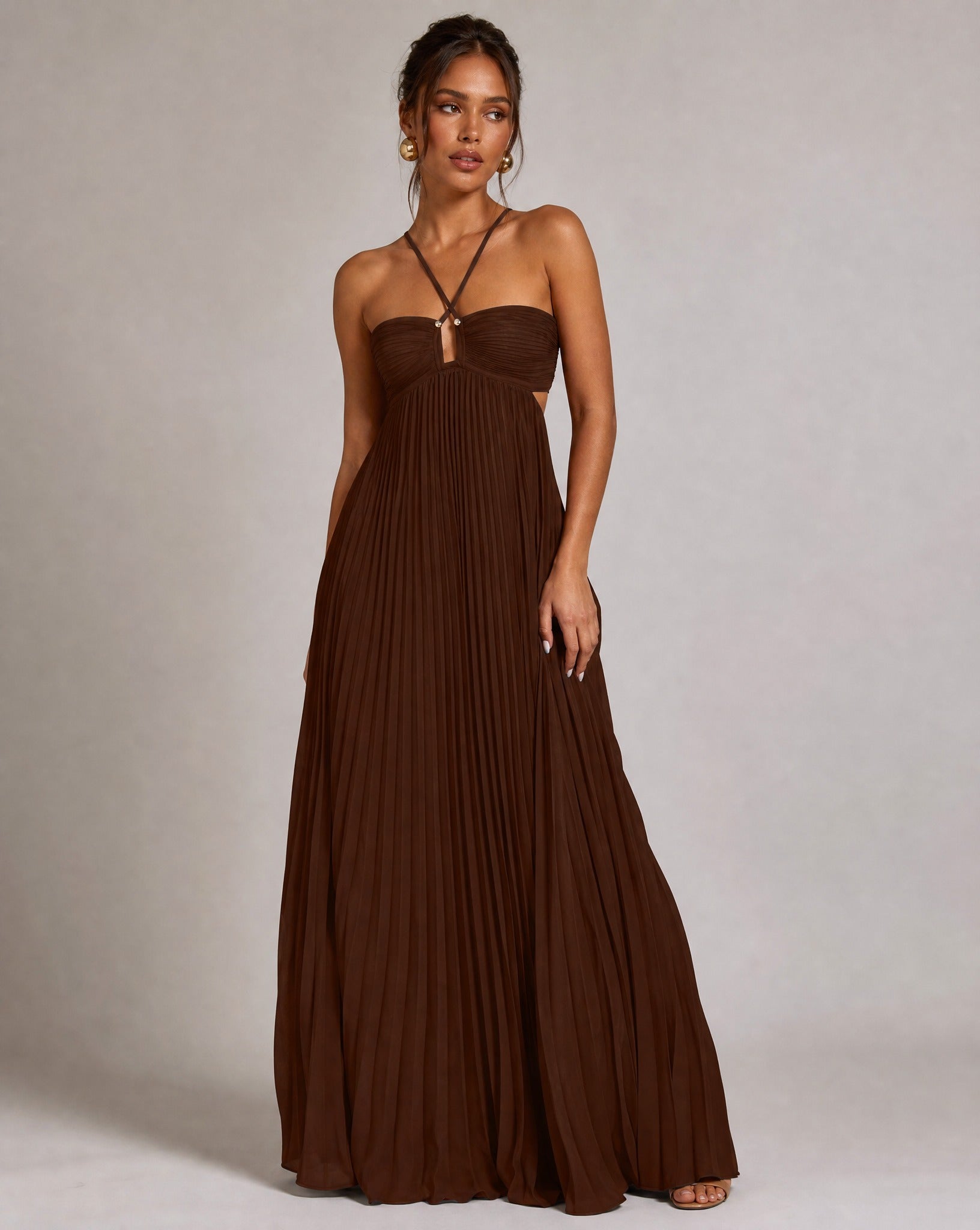 Women's Pleated Maxi Dress with Halter Neck