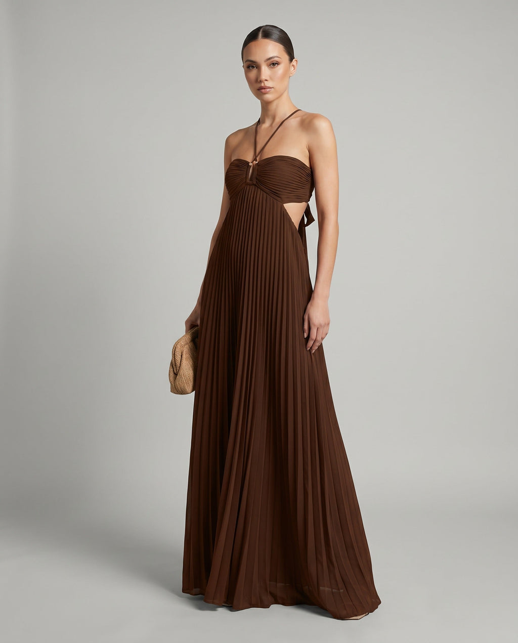 Women's Pleated Maxi Dress with Halter Neck