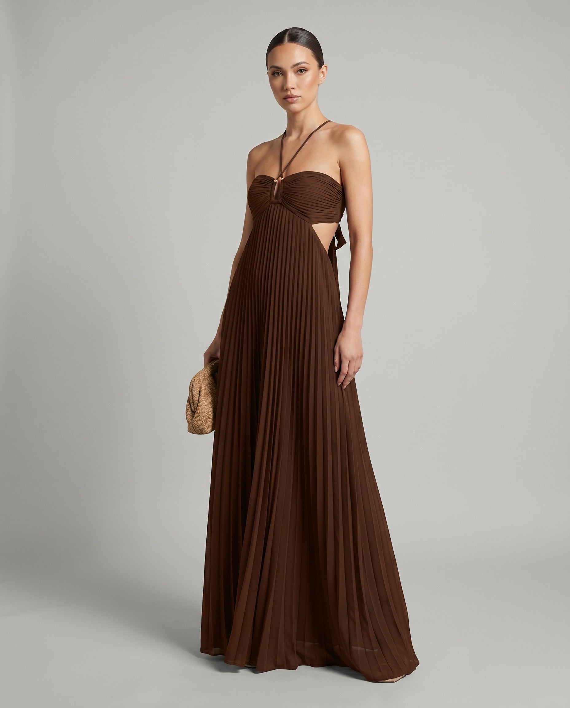Women's Pleated Maxi Dress with Halter Neck