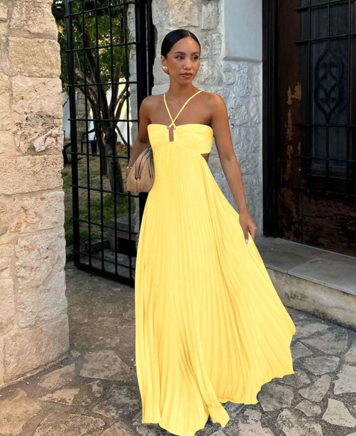 Women's Pleated Maxi Dress with Halter Neck