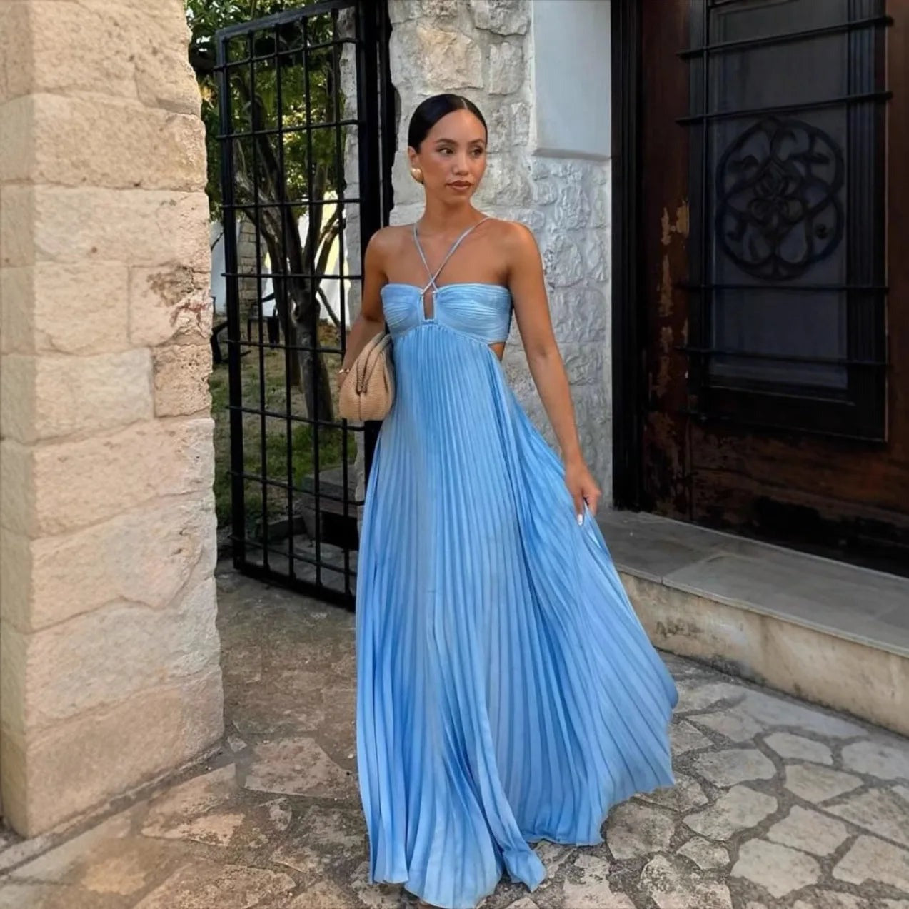 Women's Pleated Maxi Dress with Halter Neck