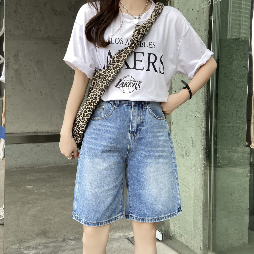 Women's High-Waist Wide-Leg Denim Shorts with Pockets