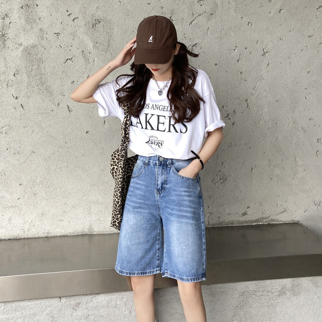 Women's High-Waist Wide-Leg Denim Shorts with Pockets