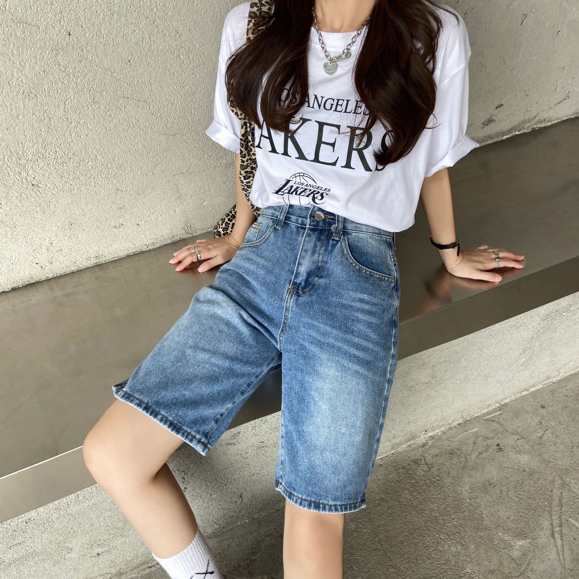 Women's High-Waist Wide-Leg Denim Shorts with Pockets