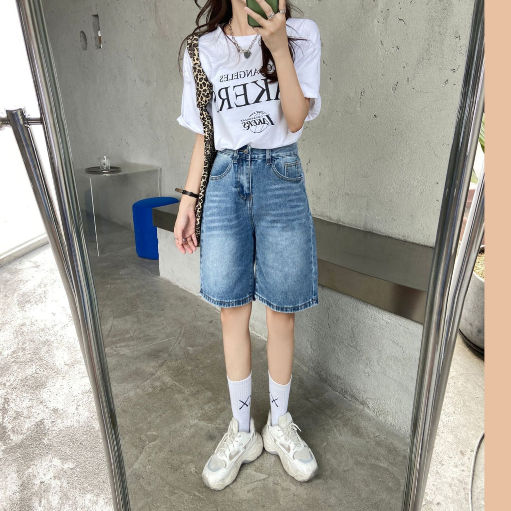 Women's High-Waist Wide-Leg Denim Shorts with Pockets
