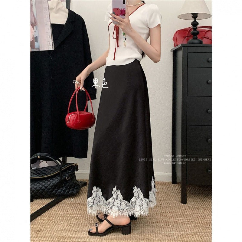 Women's Satin Midi Skirt with White Lace Hem