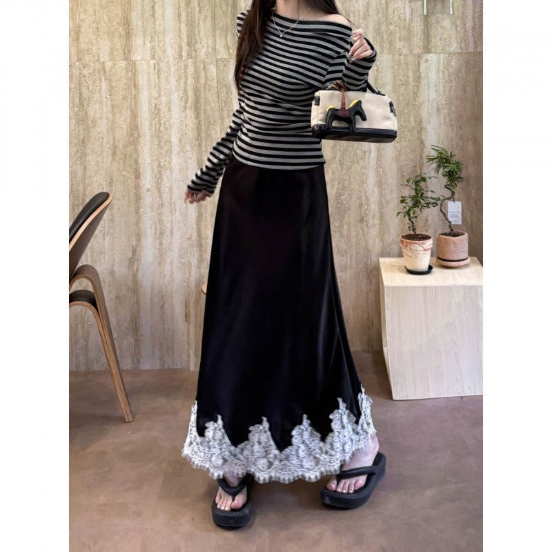 Women's Satin Midi Skirt with White Lace Hem