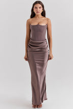 Gray Satin Look Strapless Maxi Dress with Structured Bodice